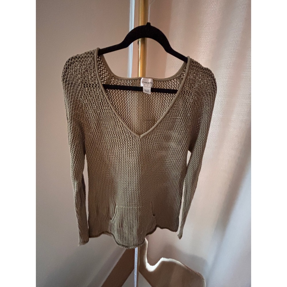 Chicos Women Size 2 Medium Olive Green Open Knit V-Neck Cotton Sweater Pocket